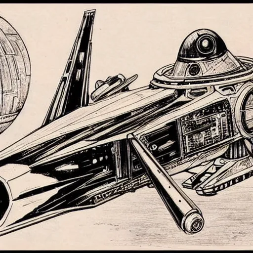 Prompt: jules verne drawing star wars space ships