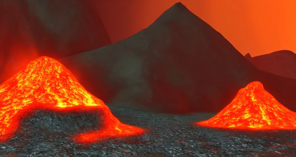 Prompt: volcano with glowing orange lava rolling down the side of it, low lighting, unreal engine 5 octane render