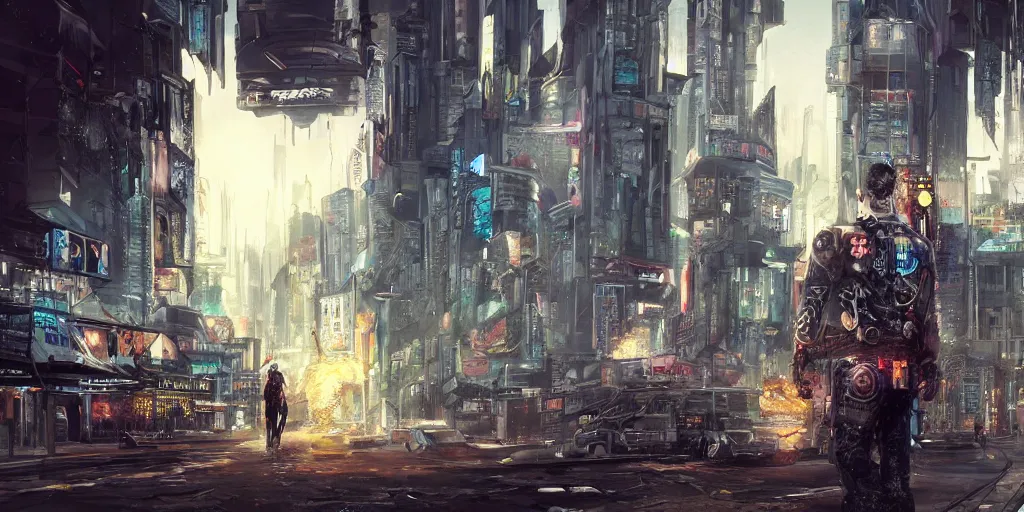 Prompt: Johnny silverhand in his prime, cyberpunk city, concept art, hd, intricate, painterly, explosions in the distance