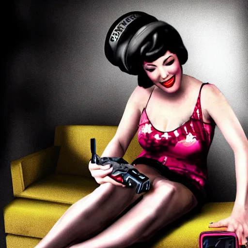 Image similar to a pin up woman playing a videogame, front view, digital art, photoshop, dark lighting, couch, control, photo