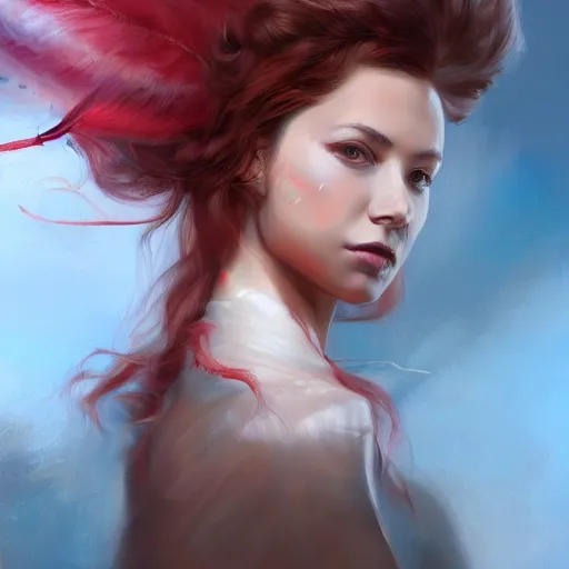 Image similar to a painting of a woman who made of curly and transparent feathers cloud with red edges is holding a sword, a digital painting by charlie bowater, trending on artstation, metaphysical painting, speedpainting, made of feathers, digital painting, holographic undertones, highly saturated colors, 4 k, digital art, concept art, trending on artstation
