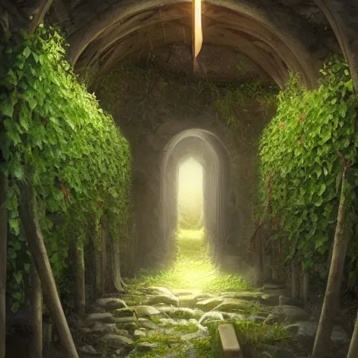 Image similar to a christian cross as the light at the end of the tunnel, with a few vines and overgrowth, concept art by Doug Chiang cinematic, realistic painting, high definition, digital art, symmetrical, very detailed, extremely high detail, photo realistic, concept art, unreal engine 5,