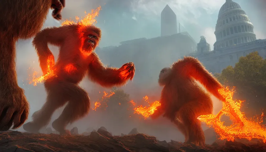 Image similar to giant bigfoot destroying washington dc, fire, hyperdetailed, artstation, cgsociety, 8 k