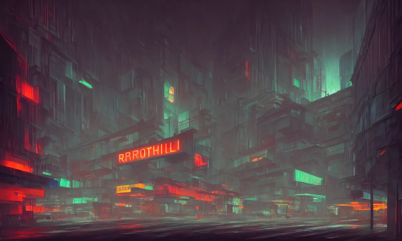 Image similar to brutalist architecture, colorful neon lighting, neon signs, raphael lacoste, eddie mendoza, alex ross, concept art, matte painting, highly detailed, rule of thirds, dynamic lighting, cinematic, detailed, denoised, centered