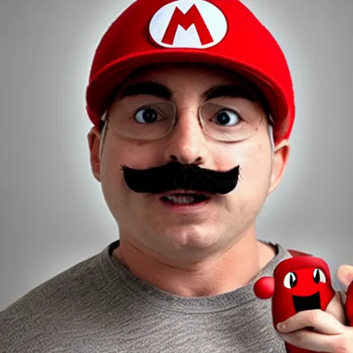 Image similar to a man poorly cosplaying super mario characters