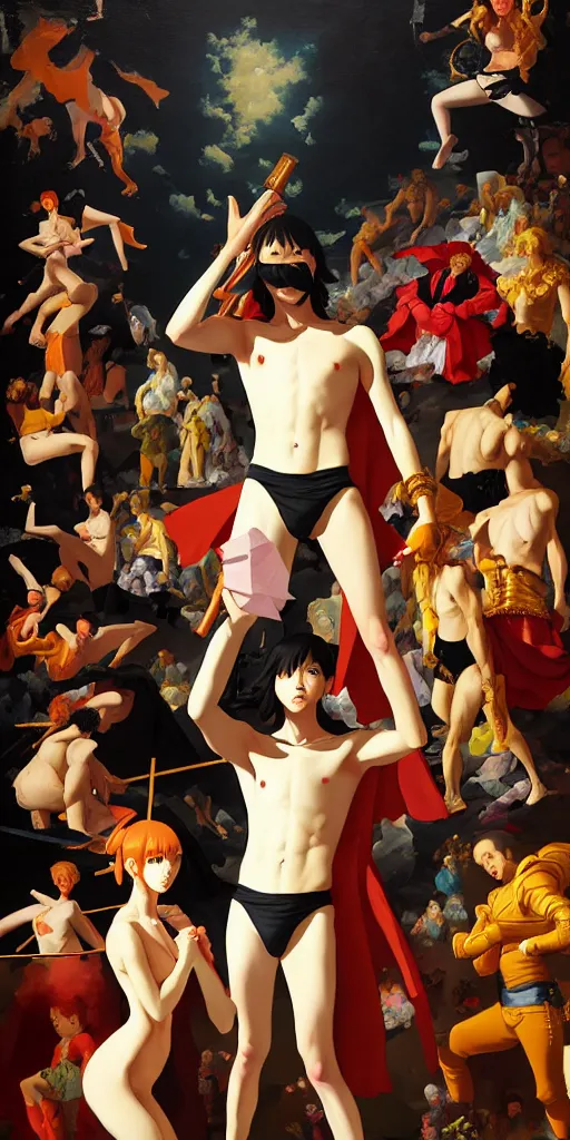 Image similar to baroque oil painting of key visual full body portrait of miami swim week show holy crusader, brutalist fantasy, rule of thirds golden ratio, fake detail, trending pixiv fanbox, acrylic palette knife, style of makoto shinkai ghibli takashi takeuchi yoshiyuki sadamoto jamie wyeth james gilleard greg rutkowski chiho aoshima