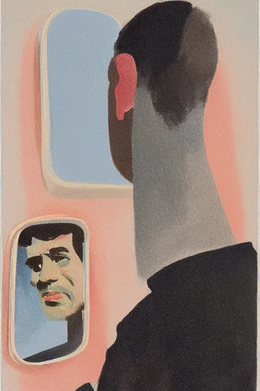 Image similar to man looking into a mirror, 1960’s minimalist advertising illustration, painterly, expressive brush strokes