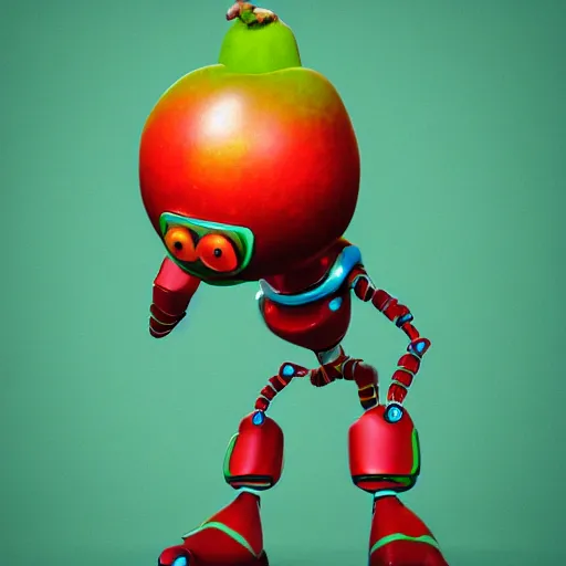 Prompt: fruit robot on colorful background, octane render, hyperrealistic textures