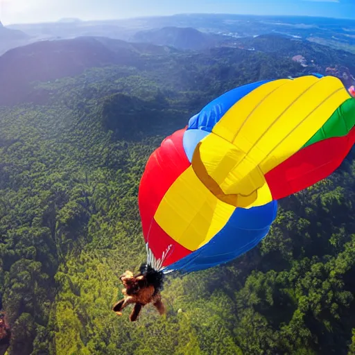 Prompt: a hairy dog attached to a large open balloon parachute jumping from a mountain cliff. the balloon has a brazilian flag. the dog has a one piece hat. photo captured by a drone. photo taken with wide angles camera. epic