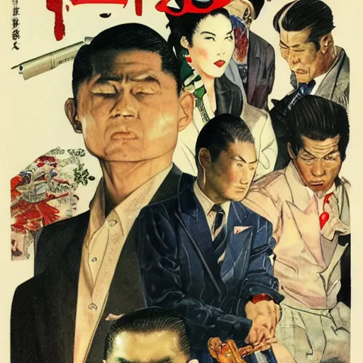 Prompt: 1 9 5 0's yakuza, yoshitaka amano, retro americana, norman rockwell