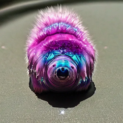Image similar to tardigrade, water bear, covered in diamonds and pink fur, psychedelic, iridescent