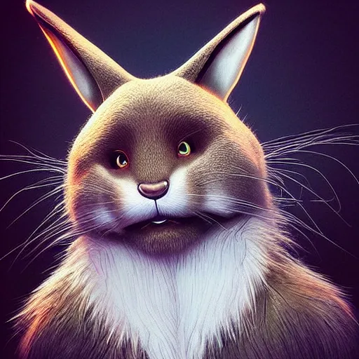 Image similar to 1. 5 metres tall anthropomorphic bunny, green eyes, light brown fur, light hair, wlop, artgerm, highly detailed, dramatic lighting