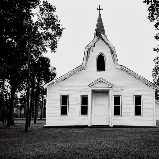 Image similar to picture of an old wooden white church, 1 9 th century southern gothic scene, made by chris friel