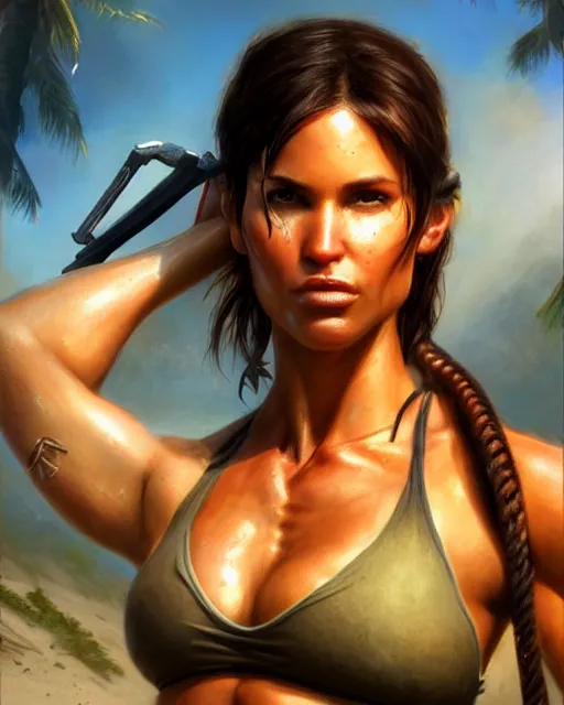 Prompt: lara croft, perfect face, bikini, abs, cinematic, stunning, athletic, strong, agile, highly detailed, beach, psychedelic, digital painting, artstation, smooth, hard focus, illustration, art by jessica rossier and and brian froud