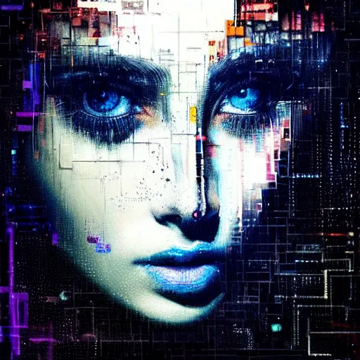 Prompt: hyperrealistic portrait of a young women with shining crystal eyes, by Guy Denning, by Johannes Itten, by Russ Mills, centered, glitch art, hacking effects, digital tech effects, cyberpunk, color blocking! , oil on canvas, intricate detail, concept art, abstract, detailed lines, symmetrical, octane, cgsociety, 8k, trending on artstation