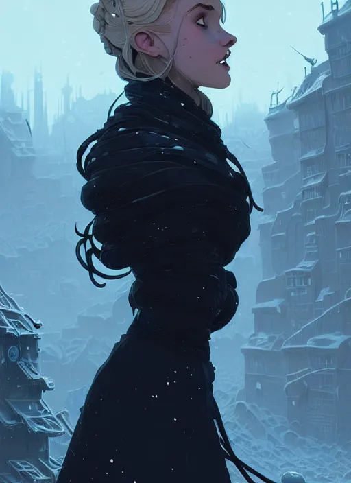 Image similar to highly detailed portrait of a hopeful frostpunk long blonde hair lady with curvy short black dress, stray wiring by atey ghailan, james gilleard, by joe fenton, by greg rutkowski, by greg tocchini, by kaethe butcher, 4 k resolution, gradient blue, black and white color scheme!!! ( ( ice and snow entrenched robotic dystopian city background ) )