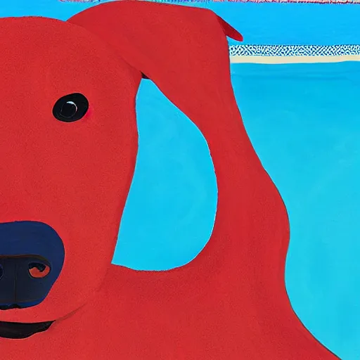 Image similar to close-up of a red dog in front of a pool, painting by david hockney, higly detailed