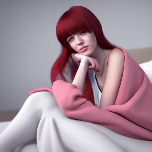 Image similar to 3 d render of a cute thin young woman, red blush, wearing casual clothes, small smile, relaxing on a couch, cuddling up under a blanket, cozy living room, medium shot, 8 k, octane render, trending on artstation, art by artgerm, unreal engine 5, hyperrealism, hyperdetailed, ultra realistic