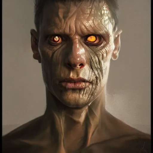 Image similar to a hyper realistic portrait painting of a half lizard half man, glowing eyes, creepy, backlight, horror vibe, real, realistic lighting in the style of greg rutkowski, trending on artstation,