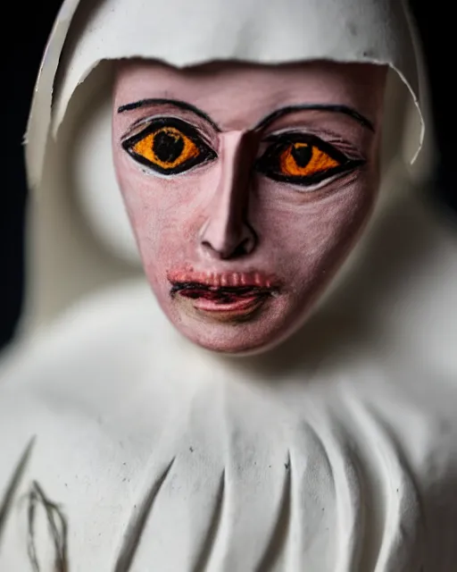 Image similar to a paper mache doll of a dead nun, realistic, very detailed, complex, intricate, studio lighting, superres sharpening, bokeh, sigma 5 0 mm f 1. 4