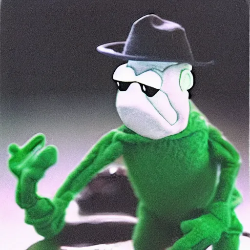 Prompt: Walter White fighting Kermit the Frog, polaroid photo with flash, eerie