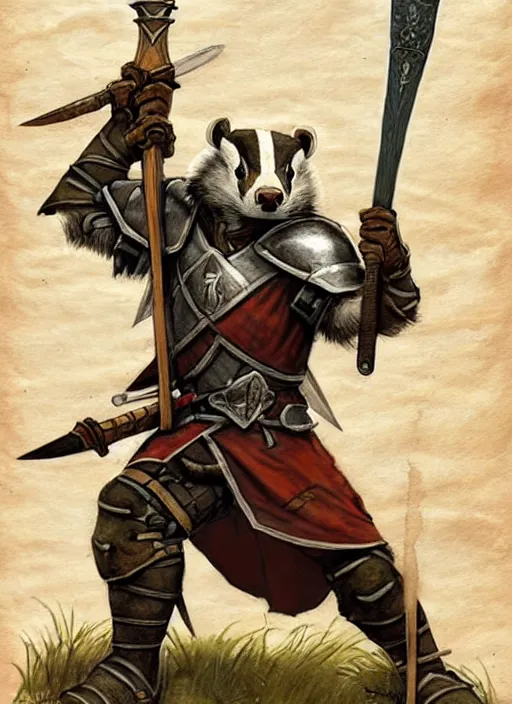 Image similar to a heroic badger paladin with great axe on a parchment background, redwall, greg rutowski and jean baptiste monge, detailed, epic fantasy concept art