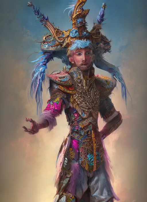 Prompt: detailed full body concept art illustration colorful pastel painting of a Disney warrior prince in full intricate clothing, ultra detailed, digital art, octane render, 4K, dystopian, micro details