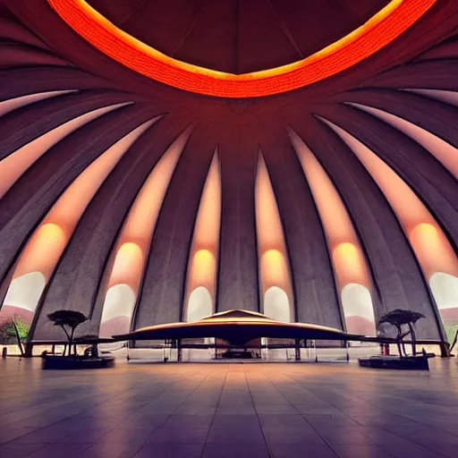 Prompt: eerie dark interior of a futuristic lotus temple with gold, red and white marble panels, smoke and shafts of sunlight in the centre, in the desert, by buckminster fuller and syd mead, intricate contemporary architecture with art nouveau motifs, photo journalism, photography, cinematic, national geographic photoshoot
