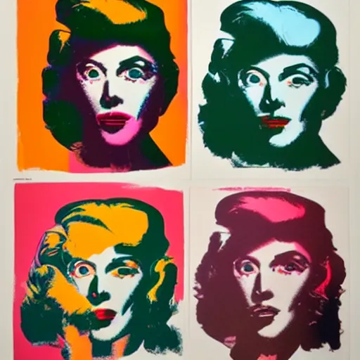 Image similar to silkscreen and lithography to create colorful cyborgs in the style of andy warhol