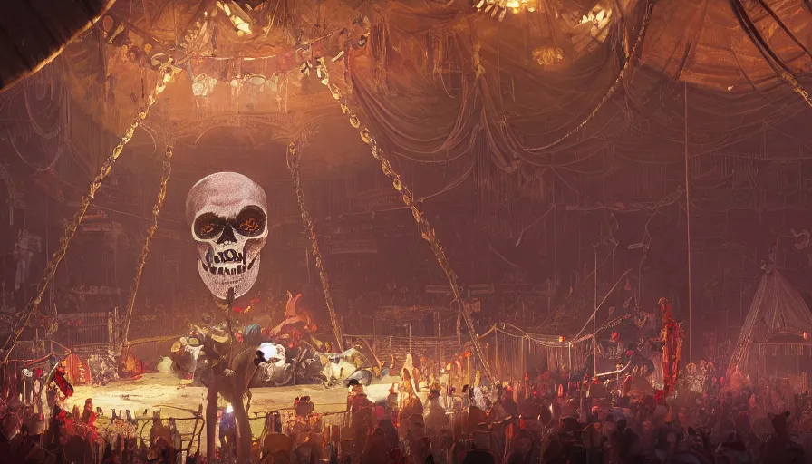 Prompt: intricate detailed illustration, skull clown inside a circus, cinematic lighting, by Sparth and Greg Rutkowski, wide angle, volumetric light scattering, 8k, artstation, concept art 1088