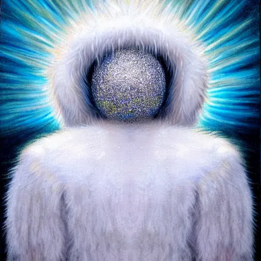 Image similar to highdetailed hyperrealistic painting of white angel in the hood lightning hands with silver sparkles!!!, giant silver ball on the chest!!!!!, 4 k hd fur face!!!, big wings, by jan van eyck, holography space, white sparkles everywhere, thin strokes, white monochrome color!!!!!, hyperrealism textures, soft