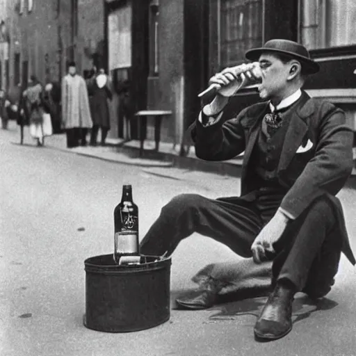 Prompt: 1 9 2 0 s photo of bender drinking beer on the street during prohibition, hd, vintage