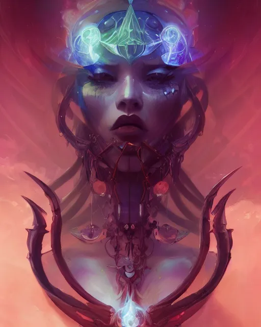 Image similar to portrait of a beautiful satanic cybernetic emanation, by pete mohrbacher and artgerm and wlop, digital art, highly detailed, intricate, fantasy, mystical, sharp focus, Trending on Artstation HQ, deviantart, unreal engine, 4K UHD image