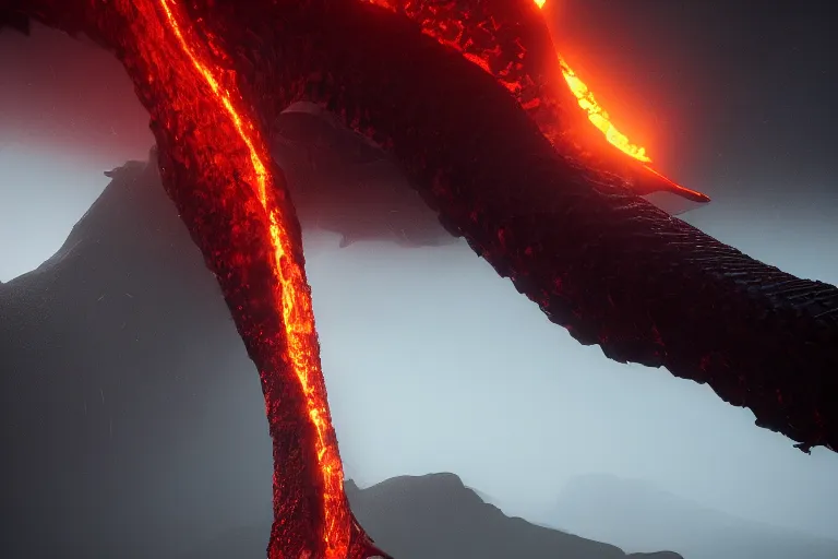 Prompt: amplified ritual engine, closeup portrait of a colossal serpent, volcanic, shrouded in fog, dramatic lighting, unreal engine, cgsociety, artstation, 4k