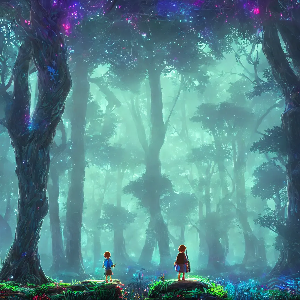 Image similar to huge trees, misty nighttime. radiating colorful energy. photorealistic, moody atmosphere, volumetric shading, holographic undertones, intricate and detailed, highly saturated colors. ori and the blind forest, breath of the wild style, studio ghibli!!!. trending on artstation. award winning, awe inspiring, daily deivation