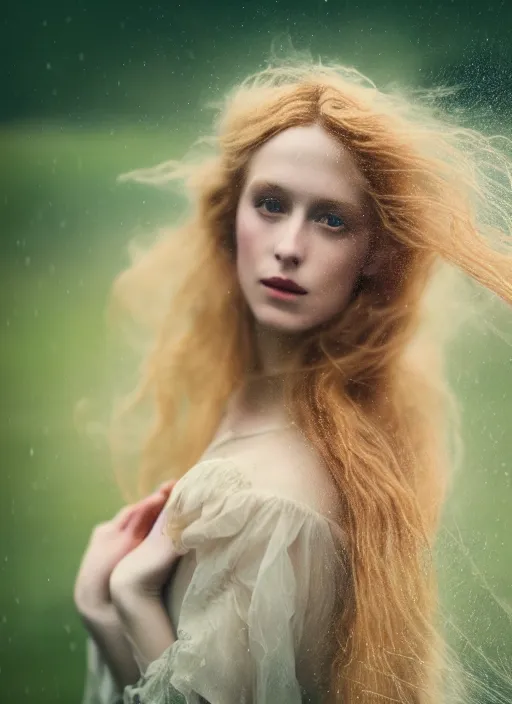 Prompt: cinestill 5 0 d photo of a pre - raphaelite blond beautiful woman, dreamy, hair floating in air in style of paolo roversi, 1 5 0 mm, f 1. 2, emotionally evoking, head in focus, stormy wet clouds outdoor, matt dreamy colour background, volumetric lighting, hyper realistic, ultra detailed