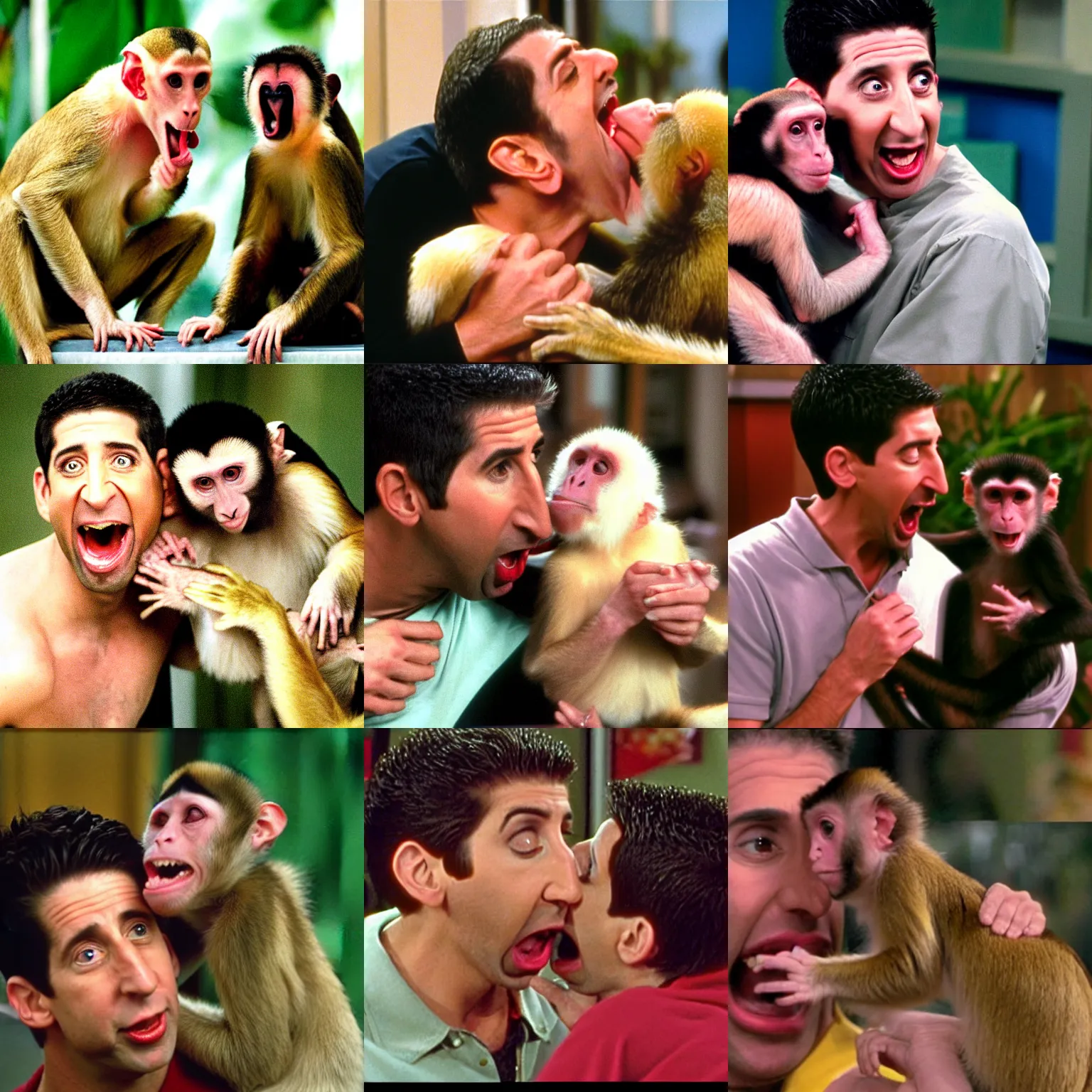 Prompt: ross geller being bitten by a capuchin monkey, ross geller screaming, friends 9 0 s sitcom screenshot,