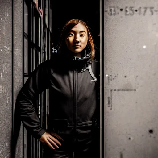 Image similar to photograph of a techwear mixed young woman inside a hidden busy speakeasy, closeup, brutalist design, sigma 85mm f/1.4, 4k, depth of field, high resolution, 4k, 8k, hd, full color