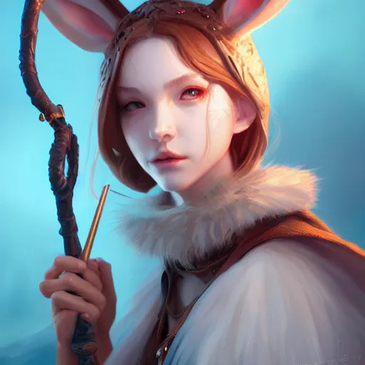 Image similar to an anthropomorphic female rabbit wizard with a staff, fine art, award winning, intricate, elegant, sharp focus, cinematic lighting, highly detailed, digital painting, 8 k concept art, art by guweiz and z. w. gu, masterpiece, trending on artstation, 8 k