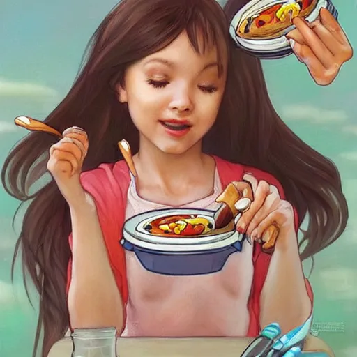 Image similar to hot dogs and yogurt is a messy eating contest, wlop, artgerm, mucha