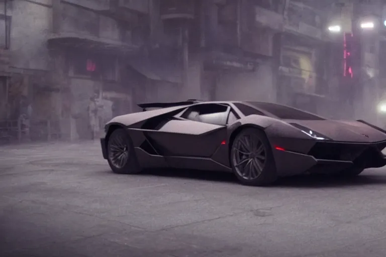 Image similar to A cinematic film still of a Lamborghini in the movie Blade Runner: 2049.