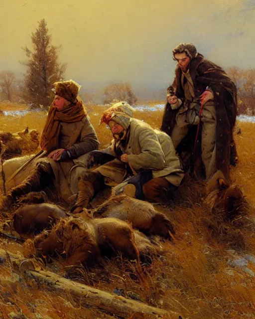 Image similar to handsome men reminisce about the end of autumn in a snow covered pasture, warm colors, hard angles, painting by gaston bussiere, craig mullins, j. c. leyendecker