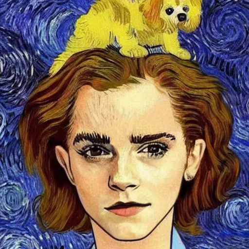 Prompt: emma watson with a dog on her head in the style of vincent van gogh