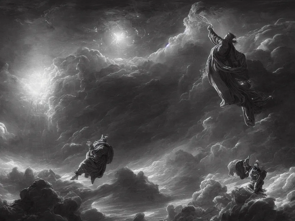 Image similar to Elon Musk opening up the skies with his magic power, Gustave Doré, Tooth Wu and WLOP, cinematic