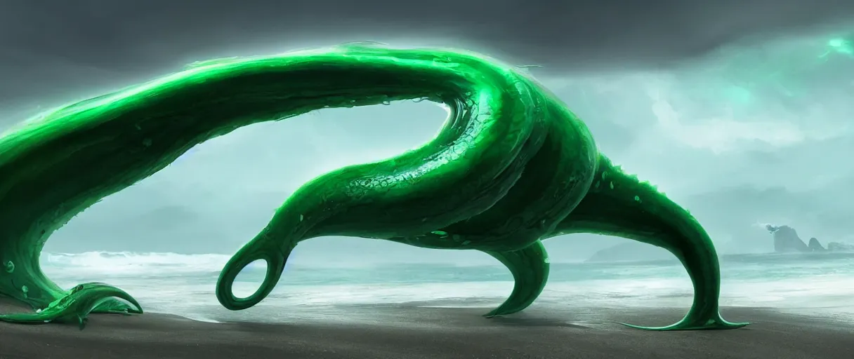 Image similar to a stunning cinematic extreme wide shot of an adorable confused slick sleek smooth green and jade humanoid sea monster wearing clothes made of seaweed on a dark stormy beach, well designed perfect with huge luminous sad eyes, sharp claws, cgsociety, hd octane render, fantasy, furry art, artstation, deviantart, furaffinity, very very clean, super smooth, thunderclouds