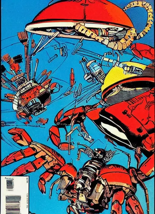 Image similar to comic book cover of a giant mechanical crab at the grand canyon by jack kirby!!! and simon bisley, epic, awesome bright color palette, hard contrast, black ink outlines