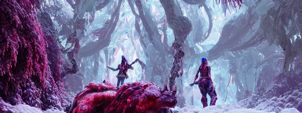 Image similar to large glowing woman made of ice, walking in a dense alien snow covered frosty jungle, with snow covered colourful red, blue and purple plants, large vines, snow covered arched organic rock structures, in the style of monster hunter world, like concept art on artstation, hyperdetailed, vray render, octane render,