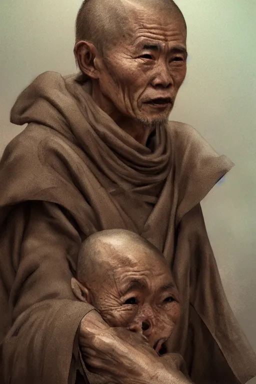 Image similar to Japanese monk, portrait, poor, intricate, elegant, volumetric lighting, scenery, digital painting, highly detailed, artstation, sharp focus, illustration, concept art,ruan jia, steve mccurry