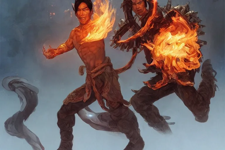 Image similar to a human male asian rogue with energy crackling from his hands, with two ethereal!!! forms next to him, one made of fire, thee other made of ice, fighting monsters, d & d, detailed, digital painting, artstation, concept art, sharp focus, illustration, cinematic lighting, art by artgerm and greg rutkowski and alphonse mucha