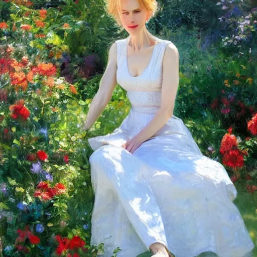 Prompt: closeup portrait of nicole kidman full figure in the garden, morning, highly detailed, ultrarealistic oil painting, vladimir volegov, artstation